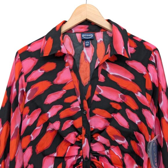 SCOOP Midi Shirt Dress Multicolor Long Sleeve Ruched Button Front Size L - Picture 3 of 12